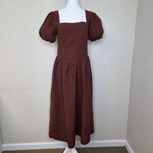 Burnt Orange Navy Check Puff Sleeve 100% Cotton Dress Shirred Back Size L